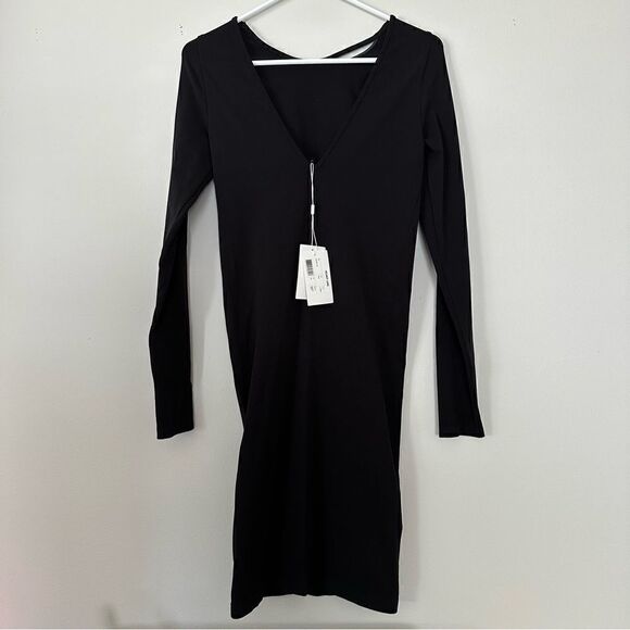 ⭕️ HELMUT LANG Body-Con Dress Black V Back Midi Long Sleeves M/L - Picture 6 of 9